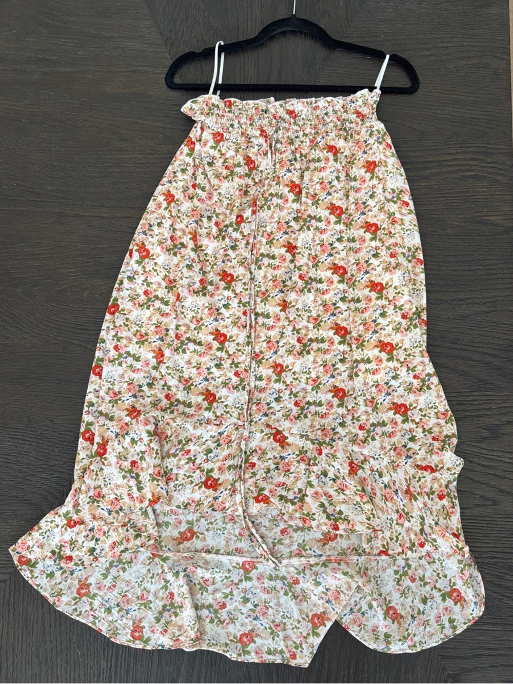 Pink Lily Floral Maxi Skirt - Cream with Red & Green Bouquet